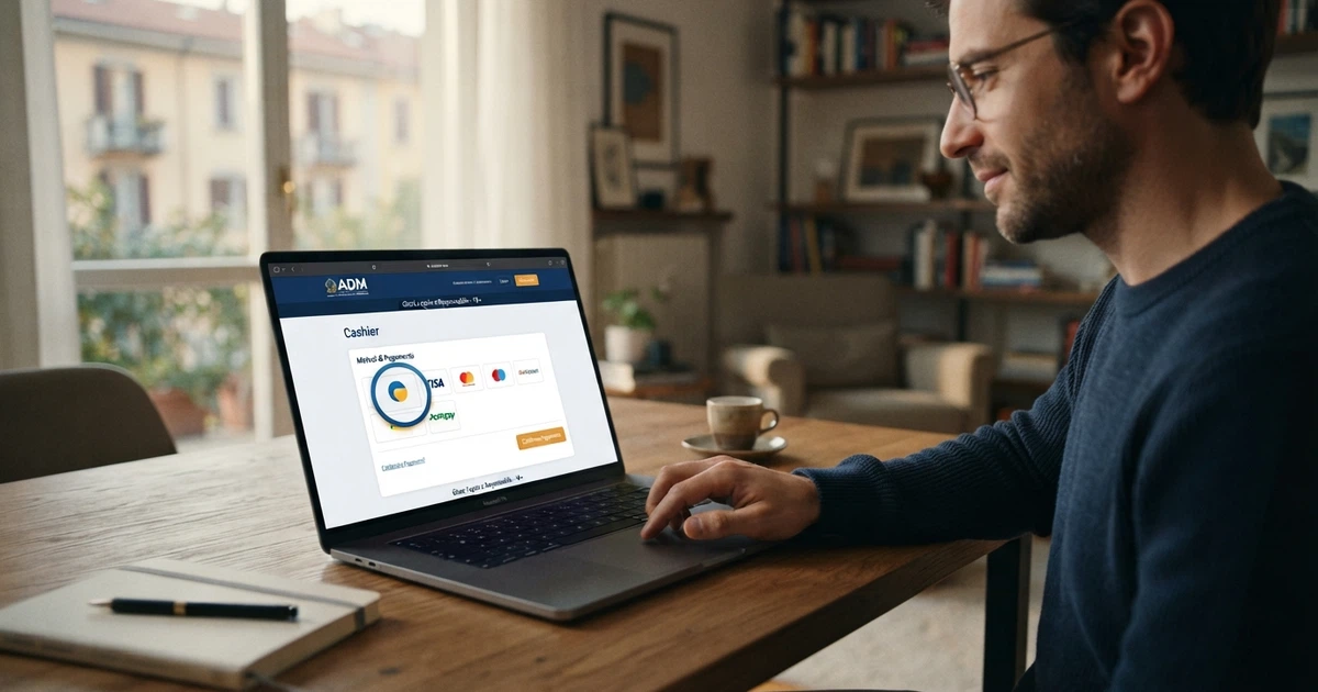 Un giocatore consulta il sito di un casinò online su un laptop, con il logo di Poste Italiane visibile tra le opzioni di pagamento nella schermata di cassa