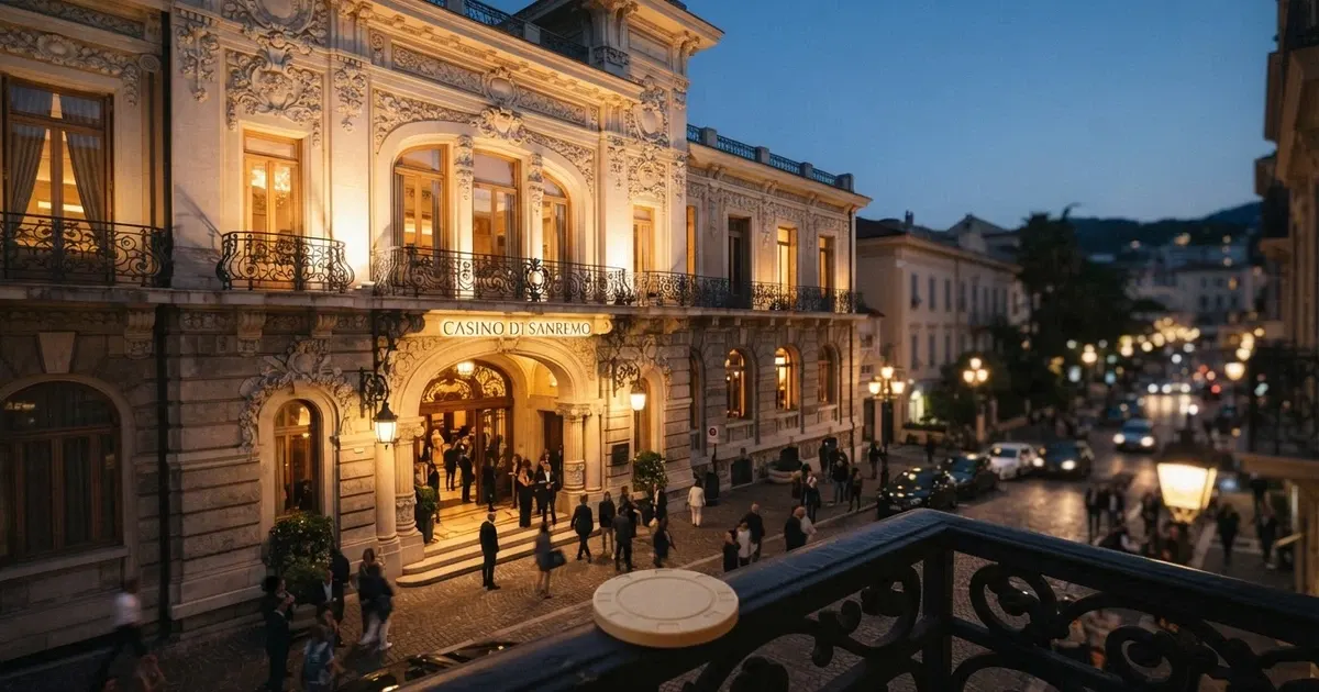 La facciata liberty dello storico Casinò di Sanremo su Corso degli Inglesi con le insegne luminose al tramonto.