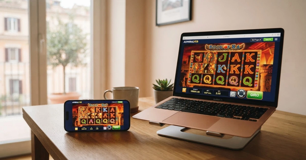 Uno schermo di computer e uno smartphone affiancati mostrano l'interfaccia di un casinò online in modalità demo con crediti virtuali, senza campi di login visibili.