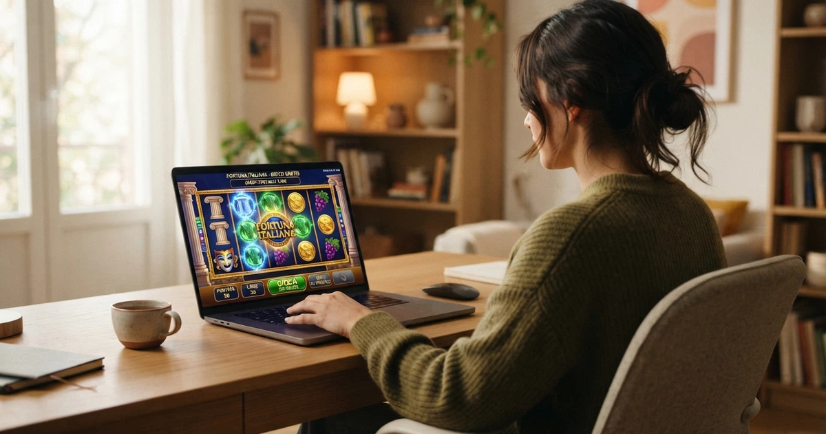 Un giocatore sorridente davanti allo schermo di un computer, sullo schermo si vede l'interfaccia di una slot machine colorata in modalità demo con la scritta «crediti virtuali» e il pulsante «gioca gratis» in evidenza