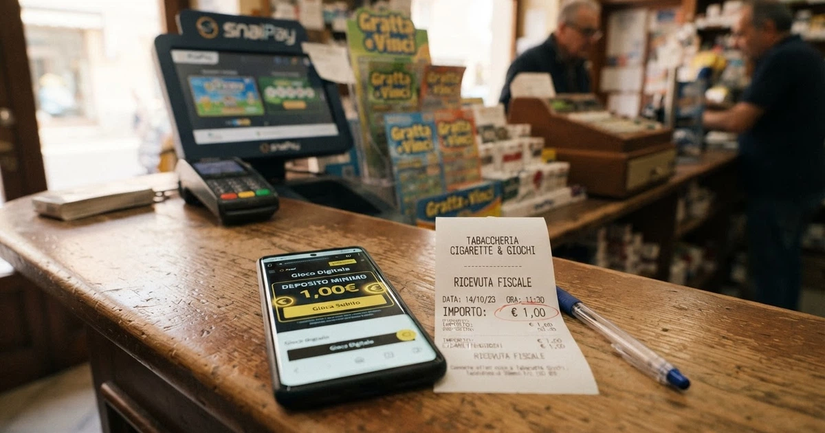 Un primo piano di uno smartphone con lo schermo che mostra la pagina di ricarica di un casinò online legale italiano, accanto a una ricevuta di ricarica da tabaccheria con l'importo di 1 euro evidenziato