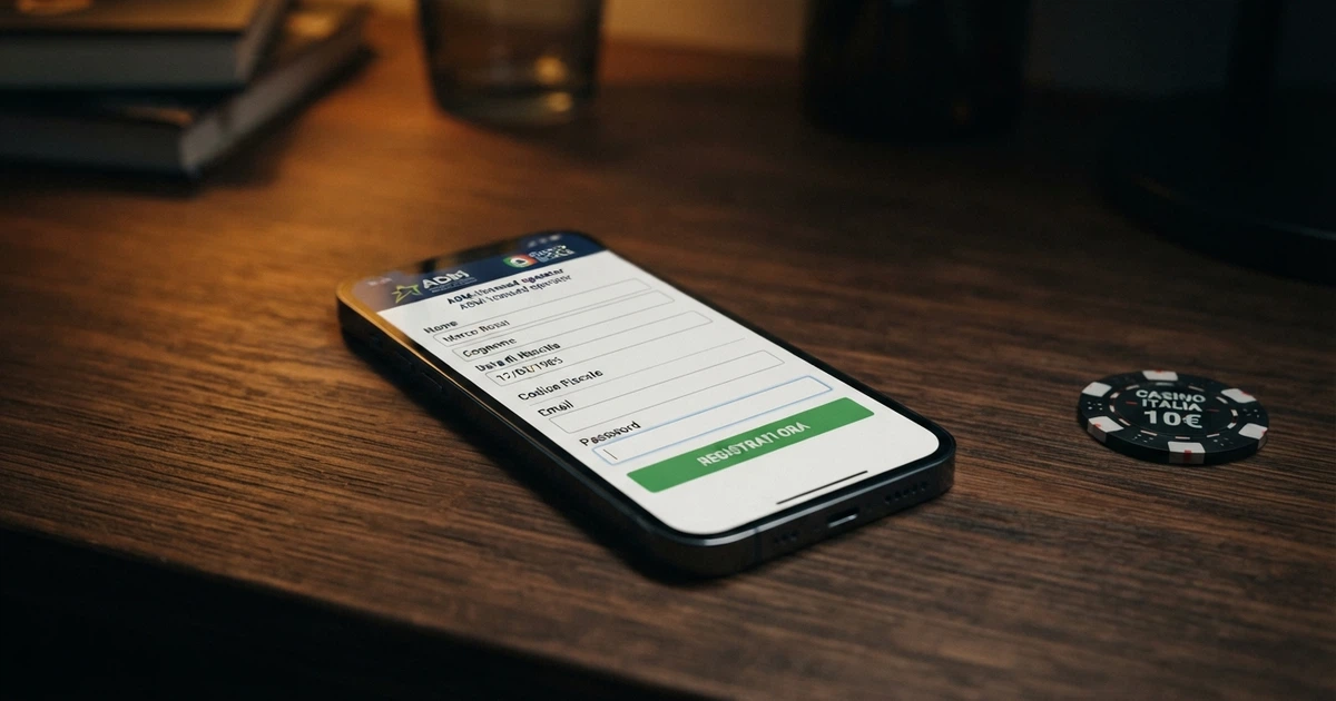 Interfaccia di registrazione di un casinò online con il form di iscrizione aperto e il campo del codice fiscale assente, affiancato dal logo ADM barrato in trasparenza