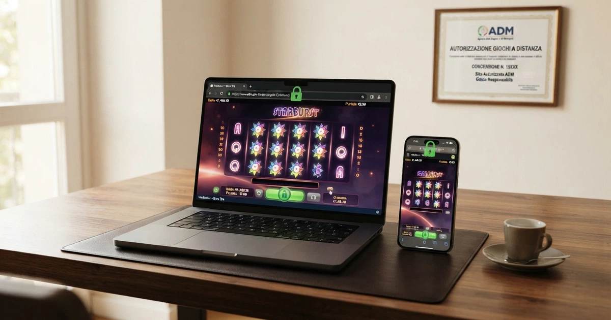 La homepage di un casinò online con licenza ADM visualizzata su desktop e smartphone, con il lucchetto di connessione sicura in evidenza