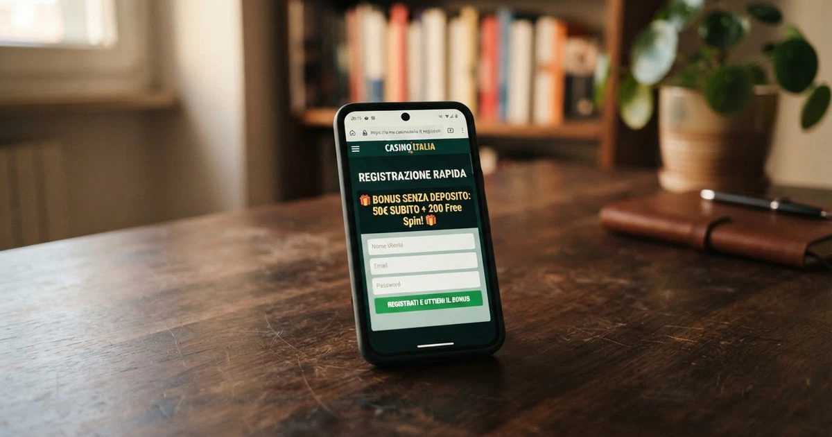 Uno schermo di smartphone che mostra la schermata di registrazione di un casinò online con l'indicazione «bonus senza deposito» in evidenza e un lucchetto di sicurezza accanto all'URL