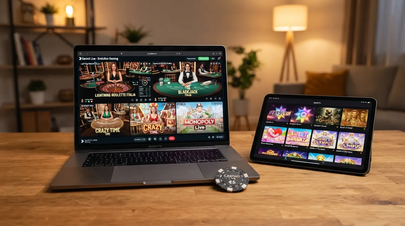 Una schermata di una lobby di casinò live con tavoli Evolution Gaming visibili, affiancata da una gallery di slot machine