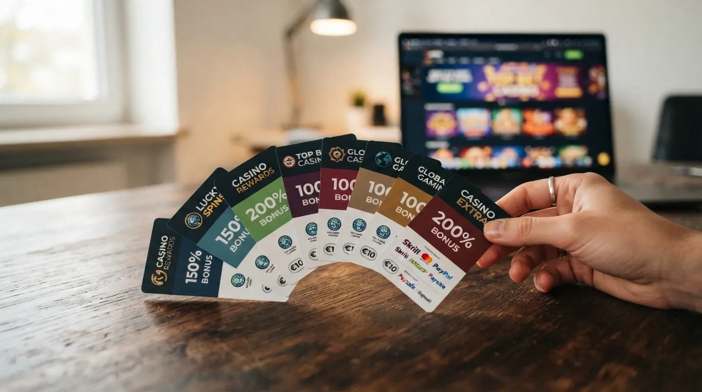 Una schermata di comparazione con le carte di dieci casinò disposte a ventaglio, ciascuna con il proprio bonus, licenza e deposito minimo in evidenza