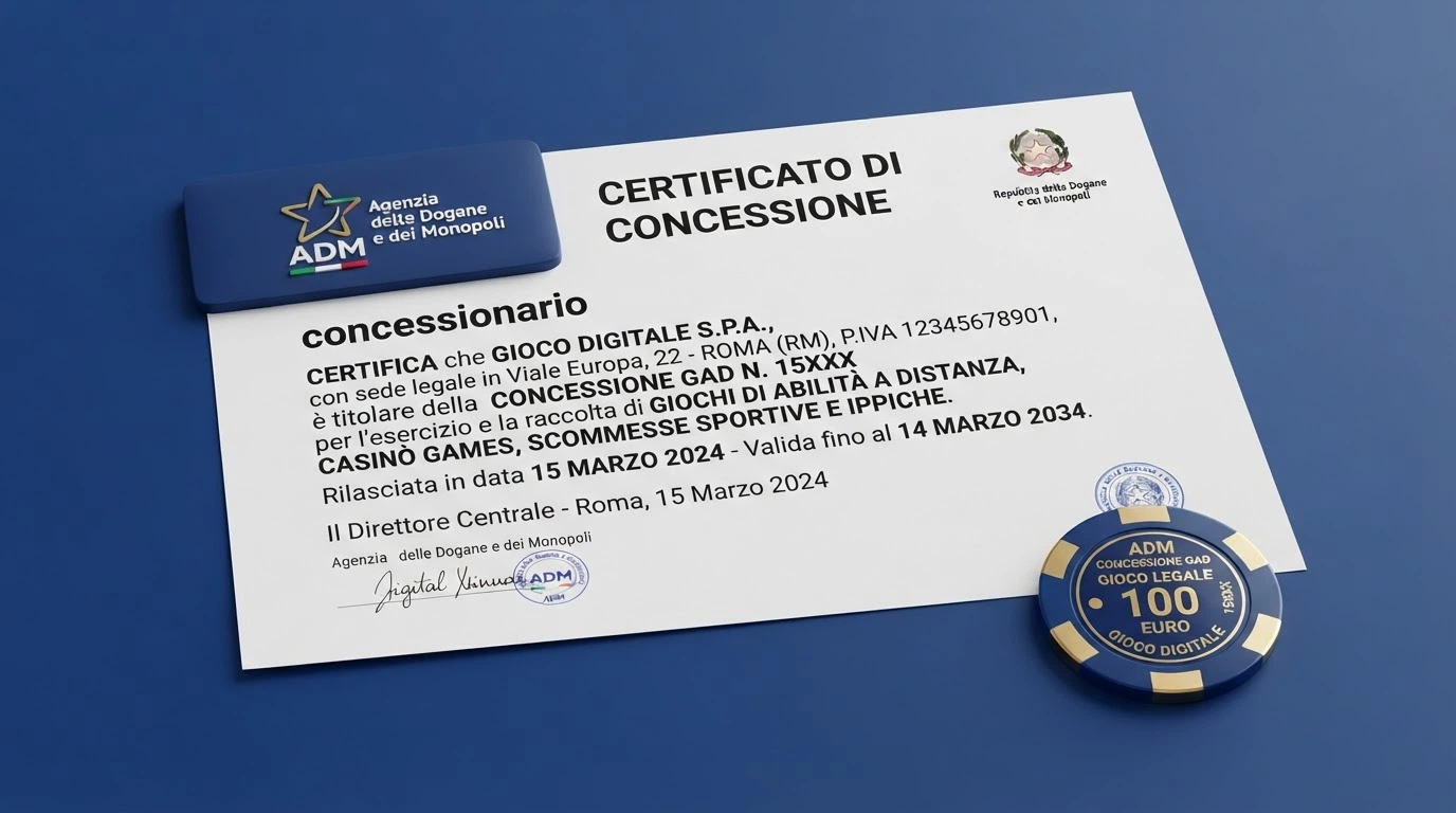 Il logo ufficiale dell'Agenzia delle Dogane e dei Monopoli accanto alla dicitura «concessionario» su un certificato digitale, con lo sfondo sfocato della Gazzetta Ufficiale