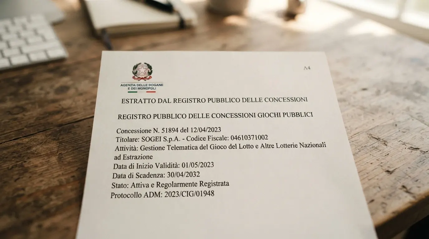 Il logo ADM e un estratto del registro pubblico delle concessioni con il numero di concessione in evidenza