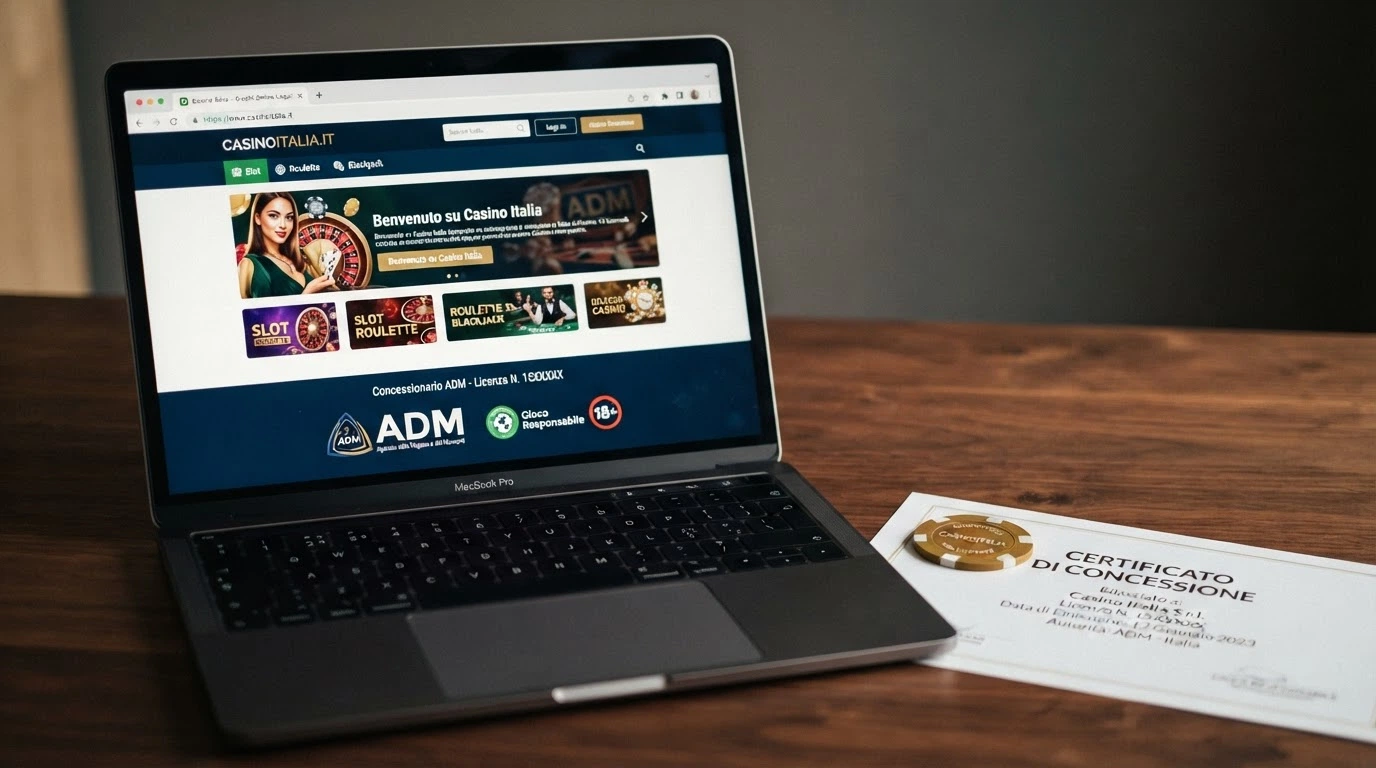 Il logo ADM accanto al lucchetto nella barra degli indirizzi di un casinò online, con la dicitura «Concessionario ADM» visibile nel footer del sito
