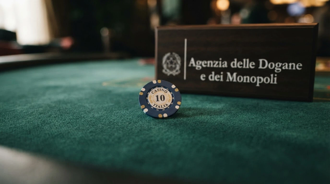 Il logo ufficiale dell'Agenzia delle Dogane e dei Monopoli accanto al simbolo del gioco regolamentato e alla bandiera italiana