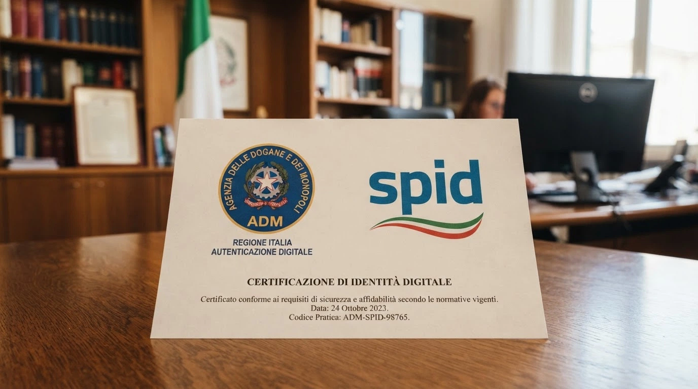 Il logo ufficiale dell'Agenzia delle Dogane e dei Monopoli accanto al simbolo del Sistema Pubblico di Identità Digitale, su uno sfondo istituzionale