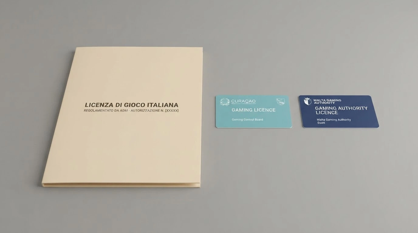 Un documento ufficiale con il logo ADM accostato a due licenze internazionali — Curaçao e MGA — su uno sfondo che richiama il contrasto tra mercato regolato e non regolato.