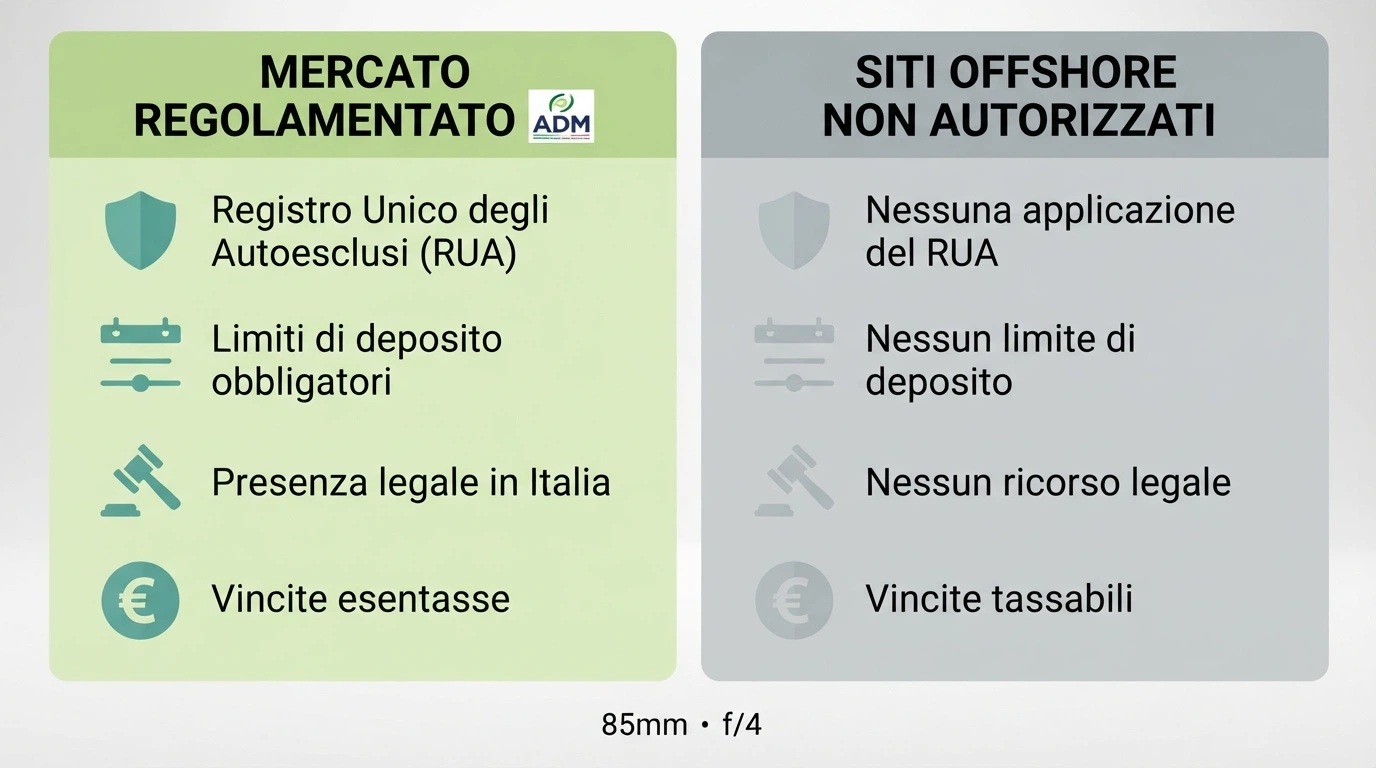 Un confronto visivo tra due colonne: a sinistra le tutele del mercato ADM (RUA, limiti deposito, sede legale, vincite esentasse), a destra l'assenza di queste protezioni su siti senza licenza