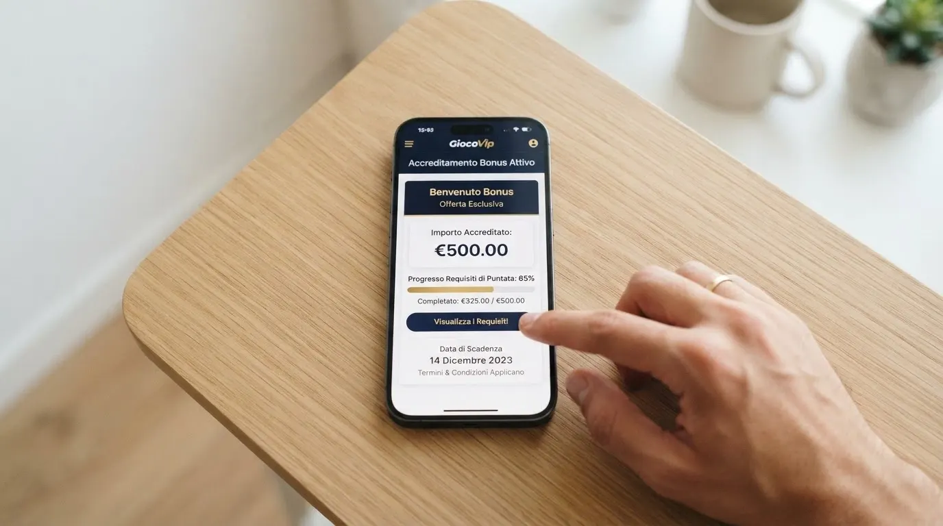 Un primo piano di una schermata di accredito bonus con l'importo, la barra di completamento del wagering e la data di scadenza