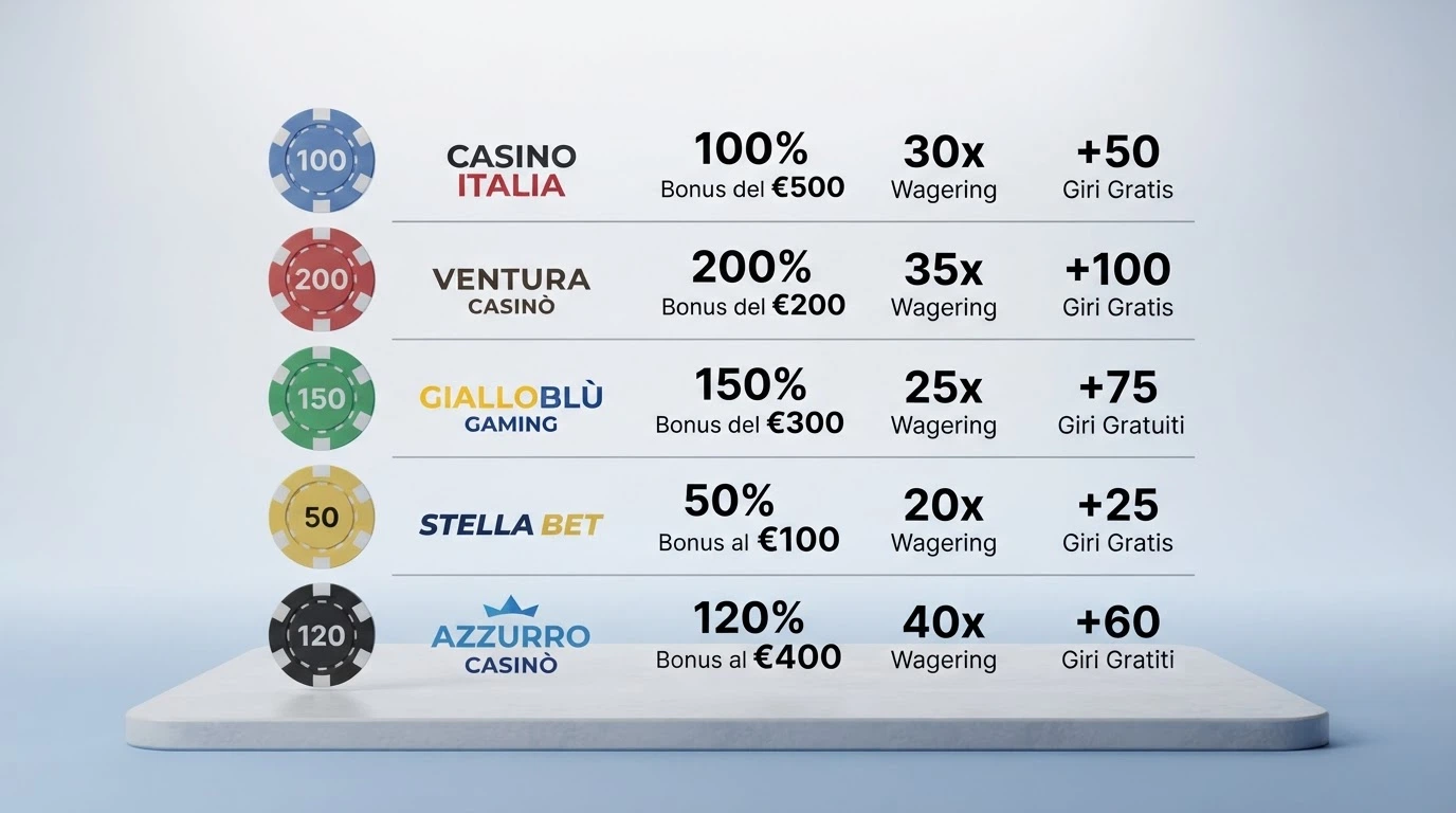Una tabella comparativa stilizzata con loghi di operatori di casinò italiani e accanto percentuali di bonus, moltiplicatori di wagering e icone di giri gratis.