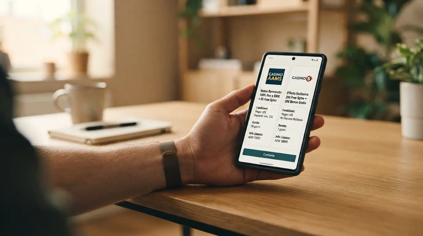 Primo piano di una mano che scorre due offerte di bonus di benvenuto sullo schermo di uno smartphone, con importi e condizioni di wagering affiancati.