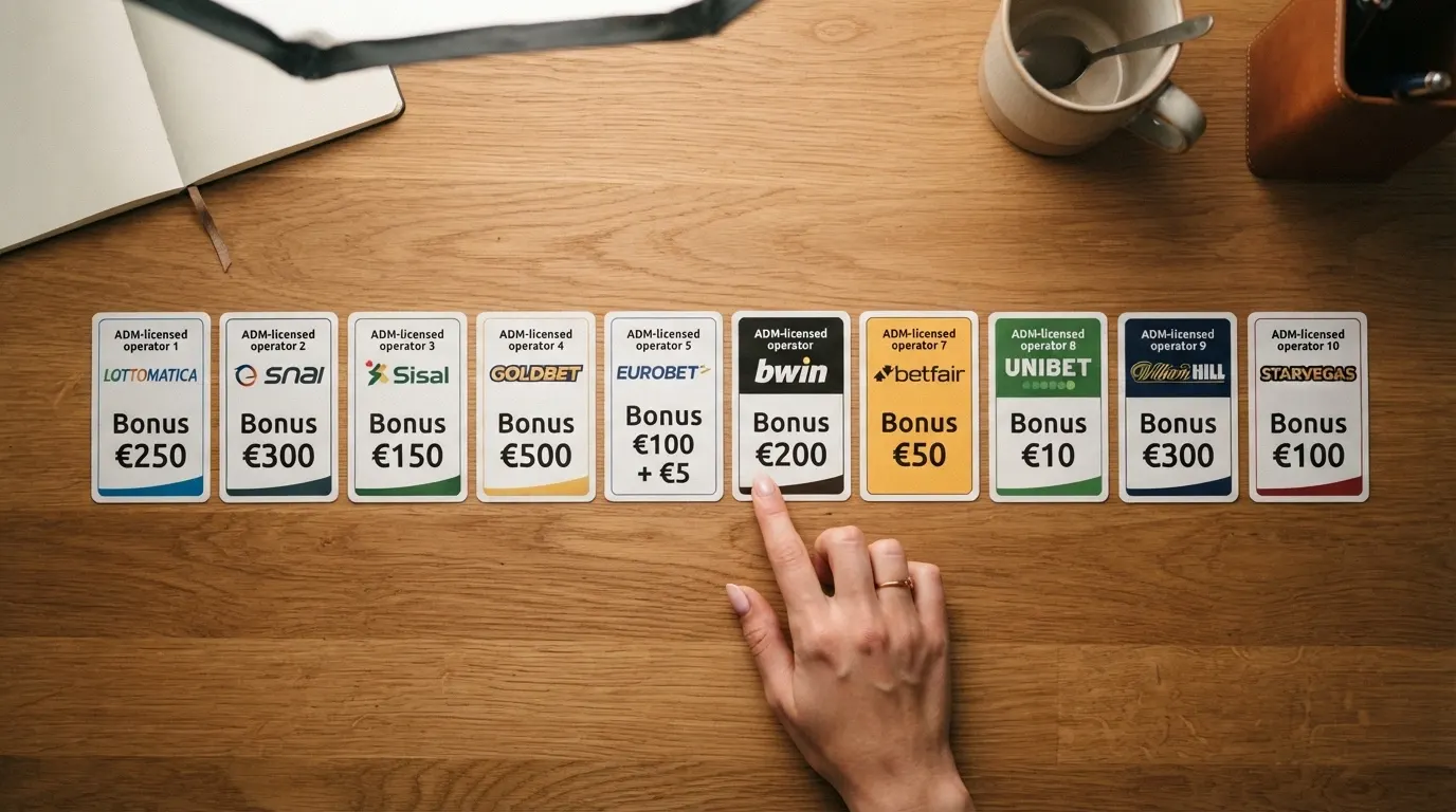 Una vista dall'alto di una scrivania con dieci carte da gioco disposte in fila, ciascuna con il nome di un operatore e l'importo del bonus di benvenuto in evidenza, illuminazione calda
