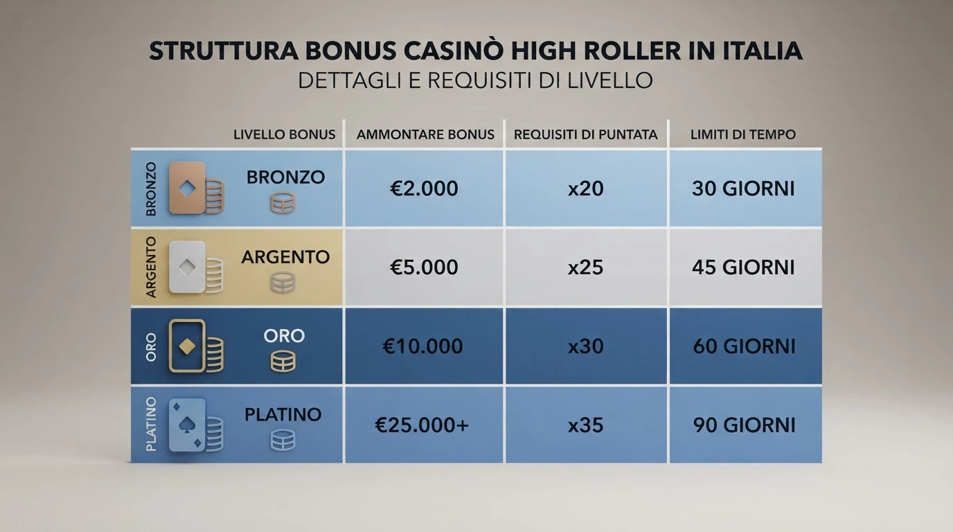 Una tabella comparativa stilizzata con loghi di casinò online e accanto cifre di bonus, percentuali e icone di orologi e dadi
