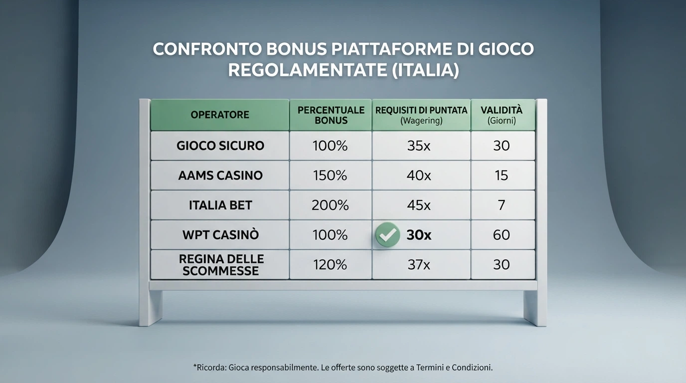 Una tabella comparativa stilizzata con colonne che mostrano nome operatore, percentuale del bonus, moltiplicatore del wagering e giorni di validità, con un segno di spunta verde sulla riga con il wagering più basso