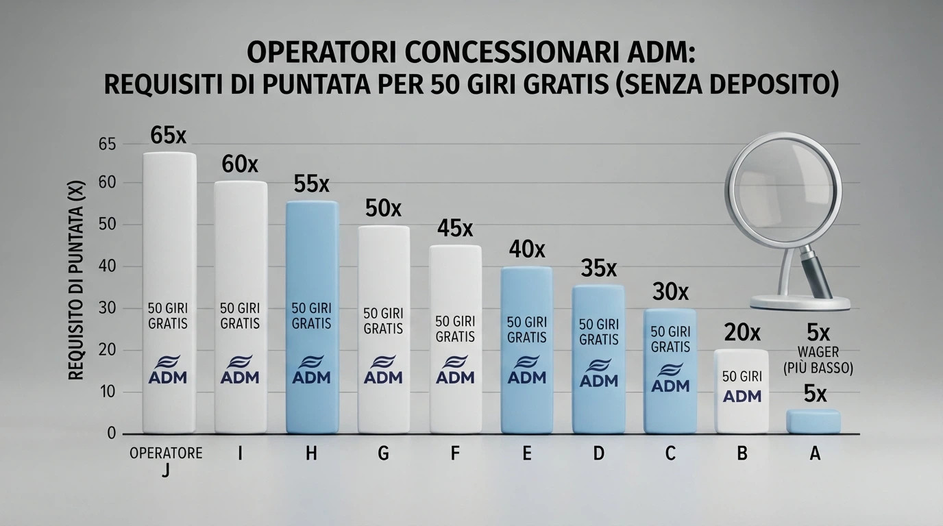 Una tabella comparativa stilizzata su sfondo bianco con loghi dei casinò ADM, affiancata da una lente di ingrandimento che evidenzia la riga del wagering.