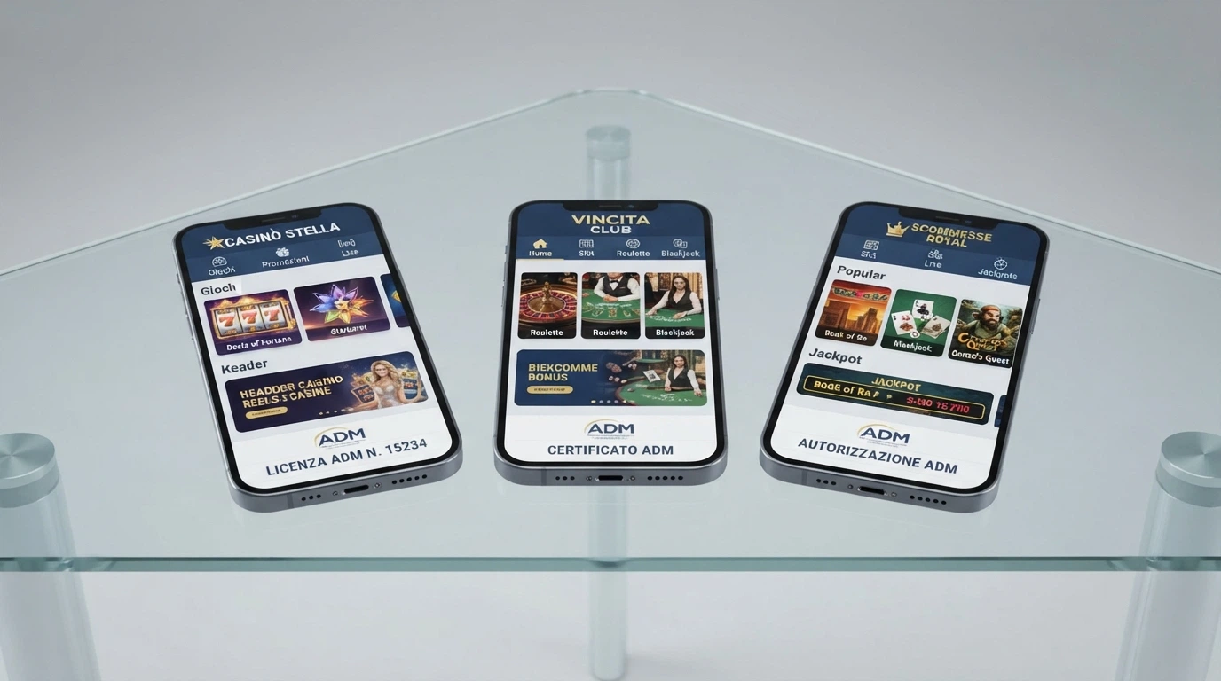 Schermata comparativa di loghi e offerte di casinò online con concessione ADM per il mercato italiano