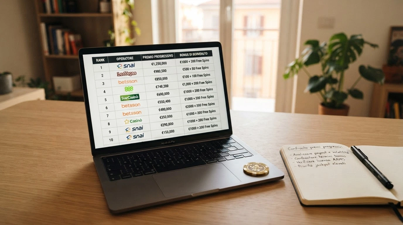 Una griglia ordinata con i loghi dei 10 casinò recensiti, ciascuno accompagnato dal tipo di jackpot progressivo che offre e dal bonus di benvenuto