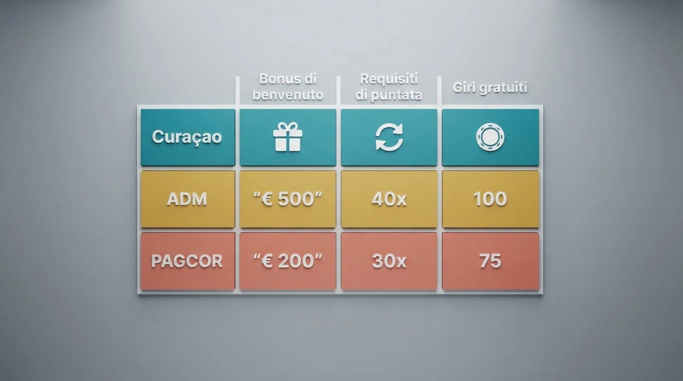 Una tabella comparativa stilizzata con le icone delle licenze (Curaçao, ADM, PAGCOR) e i simboli di bonus, giri gratis e wagering affiancati