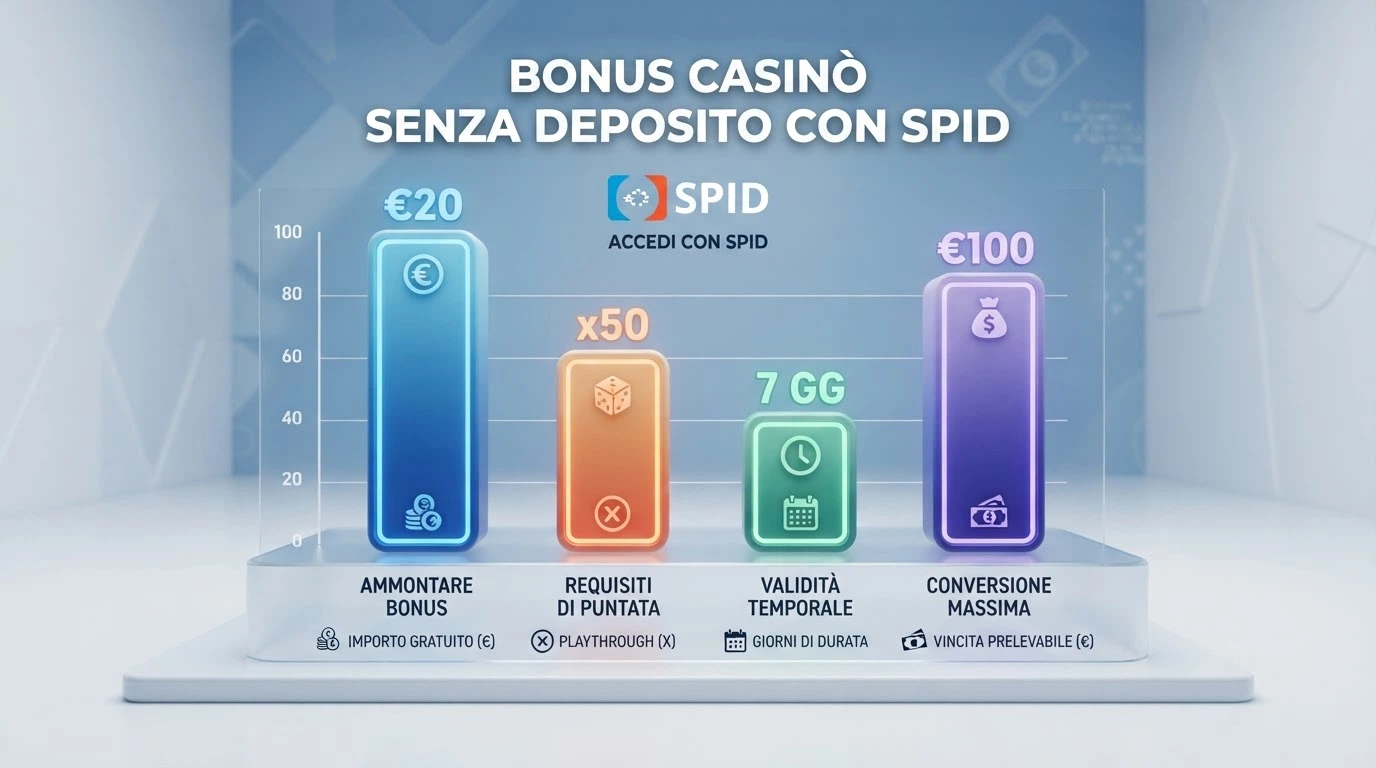 Una tabella comparativa stilizzata con i nomi dei casinò ADM, gli importi dei bonus senza deposito e i requisiti di scommessa