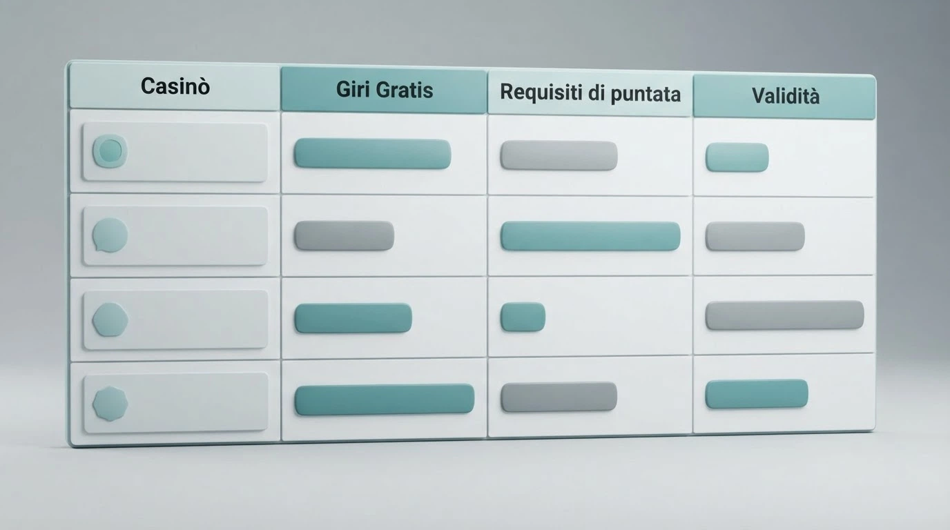 Una tabella comparativa stilizzata con le colonne di confronto dei bonus senza deposito: nome casinò, giri gratis, requisiti di puntata e validità