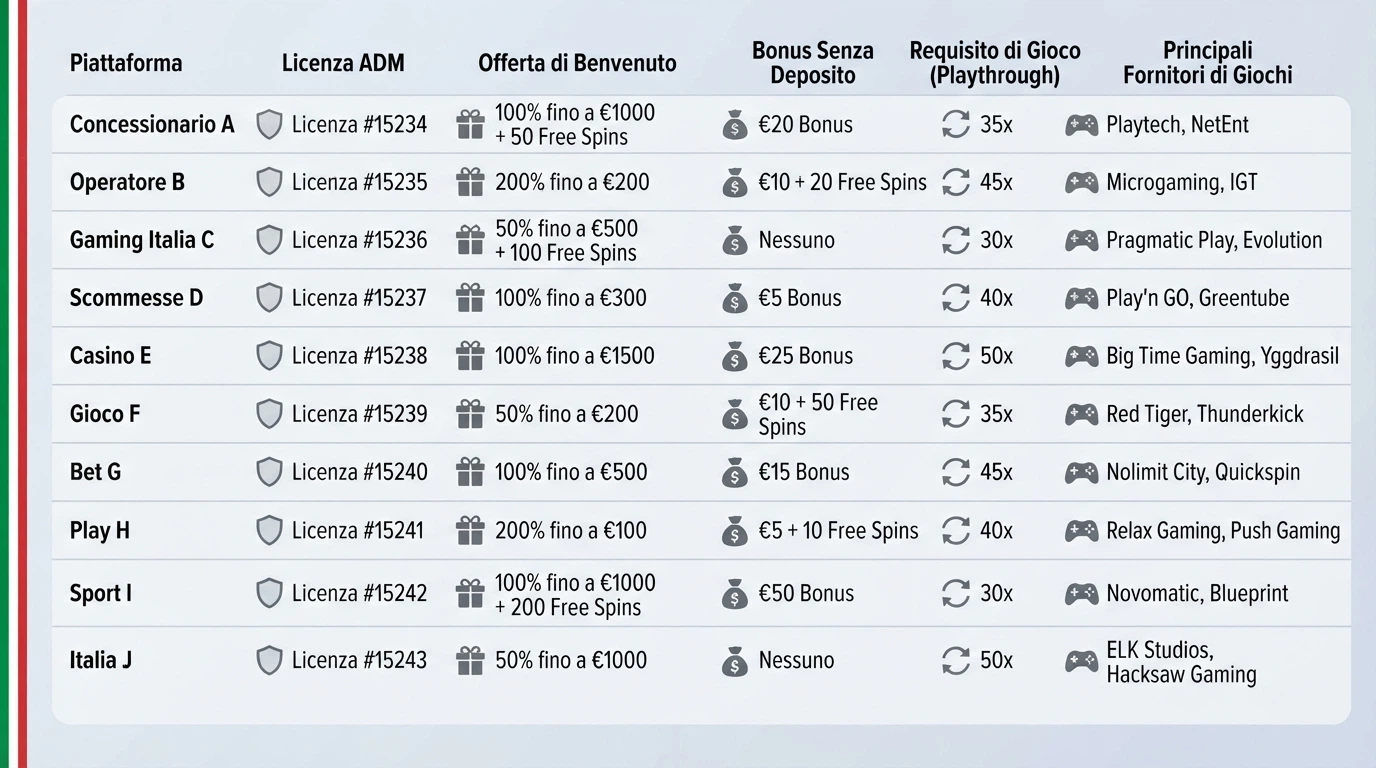Una tabella comparativa stilizzata con dieci righe e icone per concessione, bonus, wagering e provider, su sfondo chiaro con banda laterale tricolore.