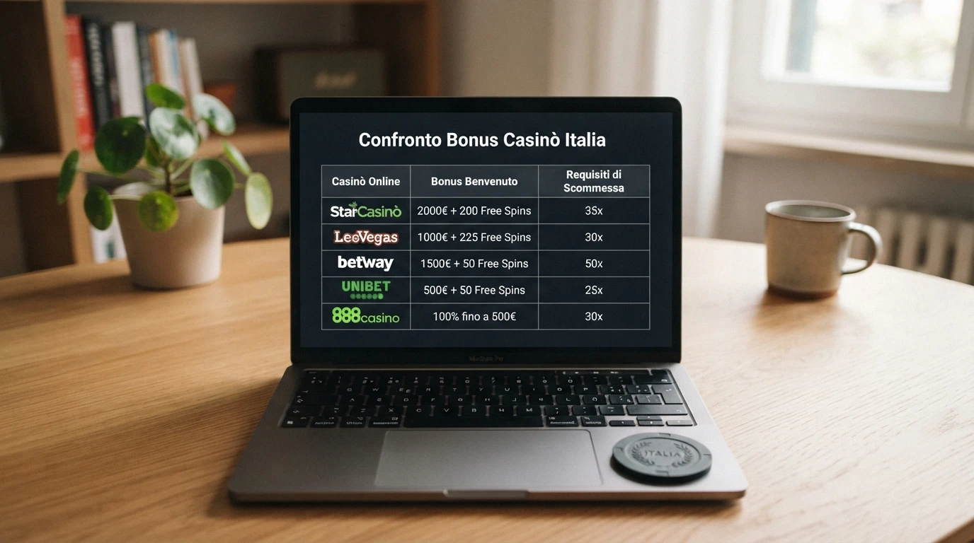 Una tabella comparativa stilizzata con loghi di casinò affiancati da cifre di bonus e requisiti di puntata, su sfondo blu scuro