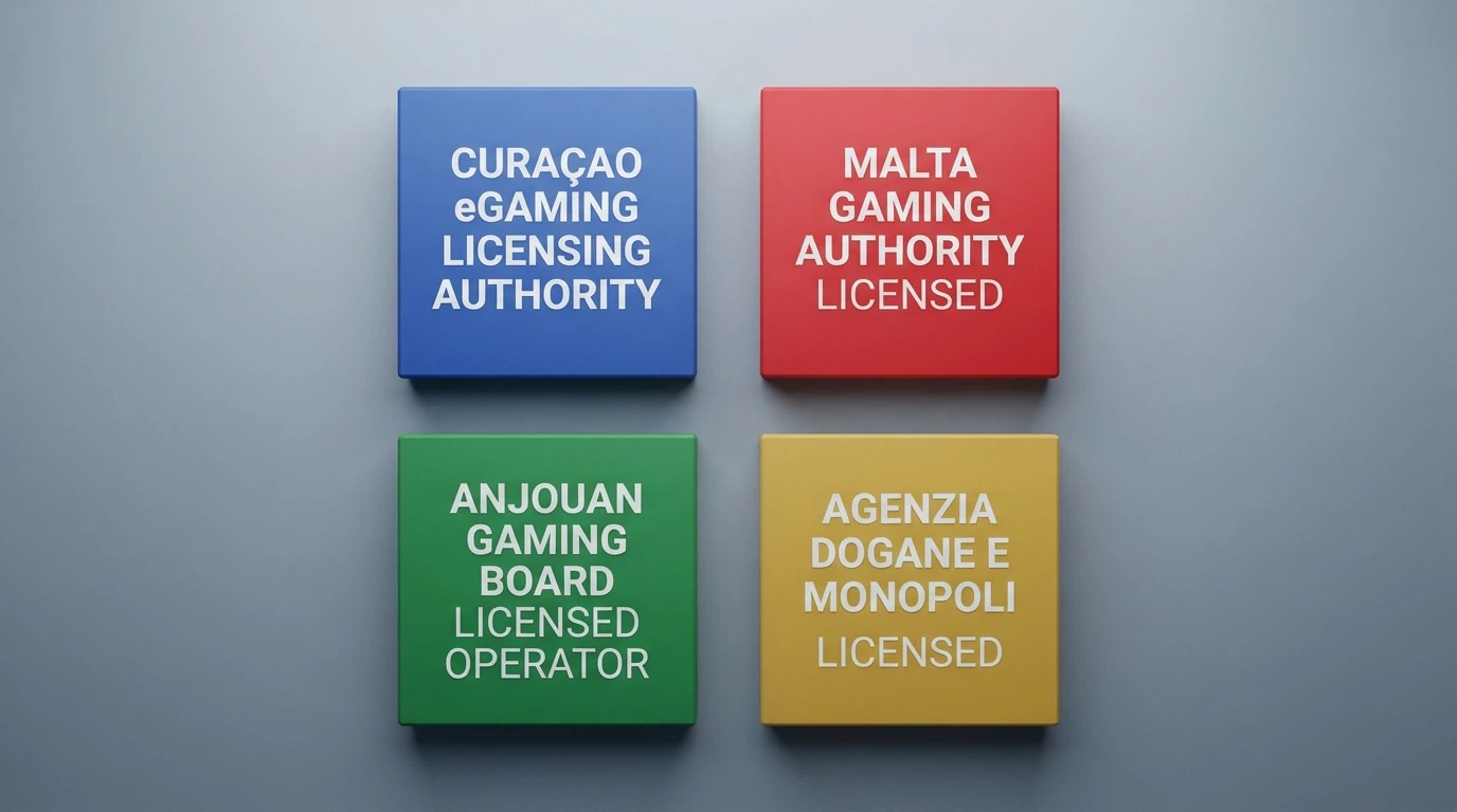 Una tabella comparativa stilizzata con le icone delle licenze (Curaçao, MGA, Anjouan, ADM) disposte su due colonne, con il logo Mastercard in evidenza