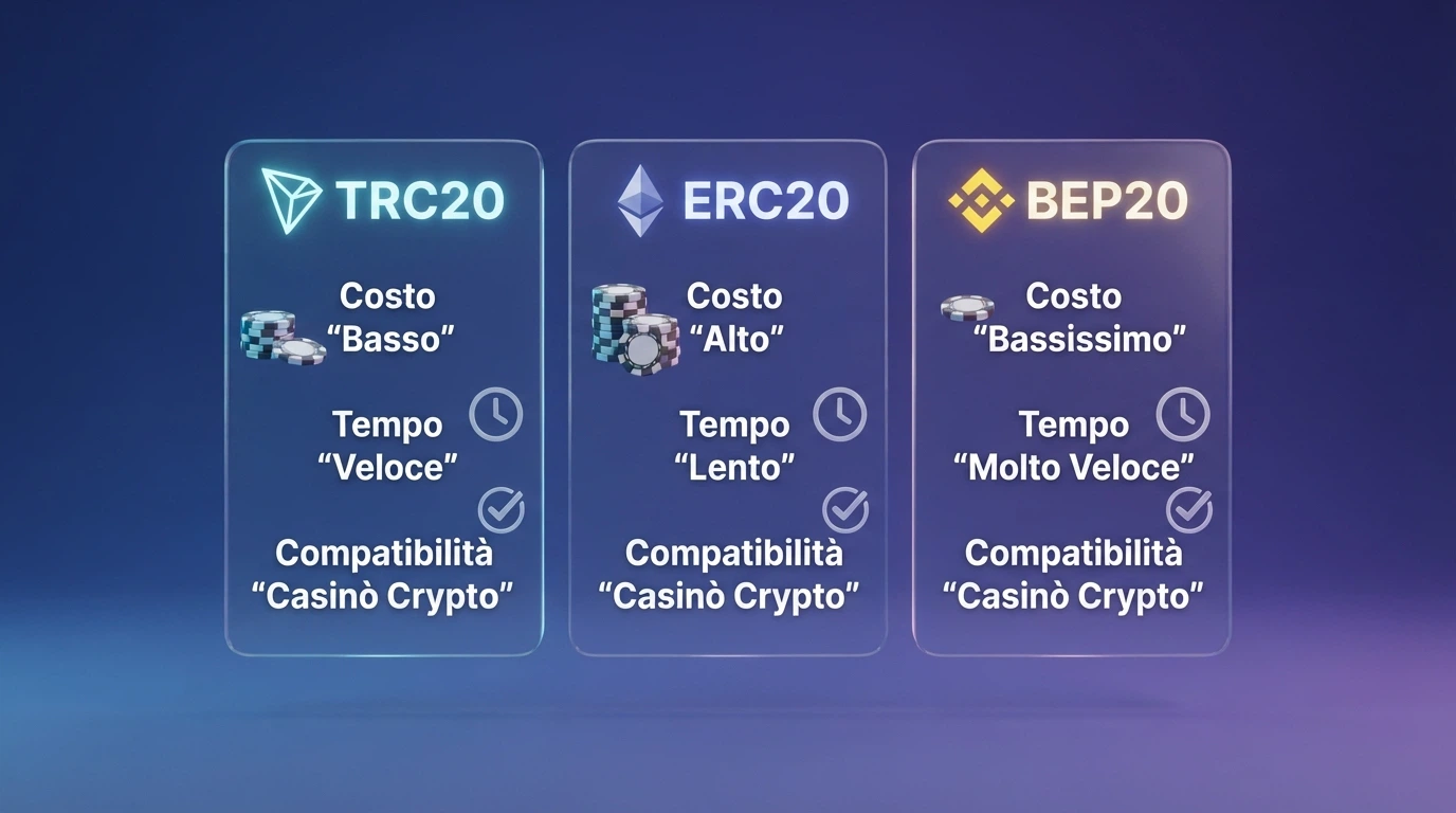 Un diagramma a tre colonne che confronta le reti TRC20, ERC20 e BEP20 per un deposito in USDT su un casinò, con icone che rappresentano costo, tempo e compatibilità