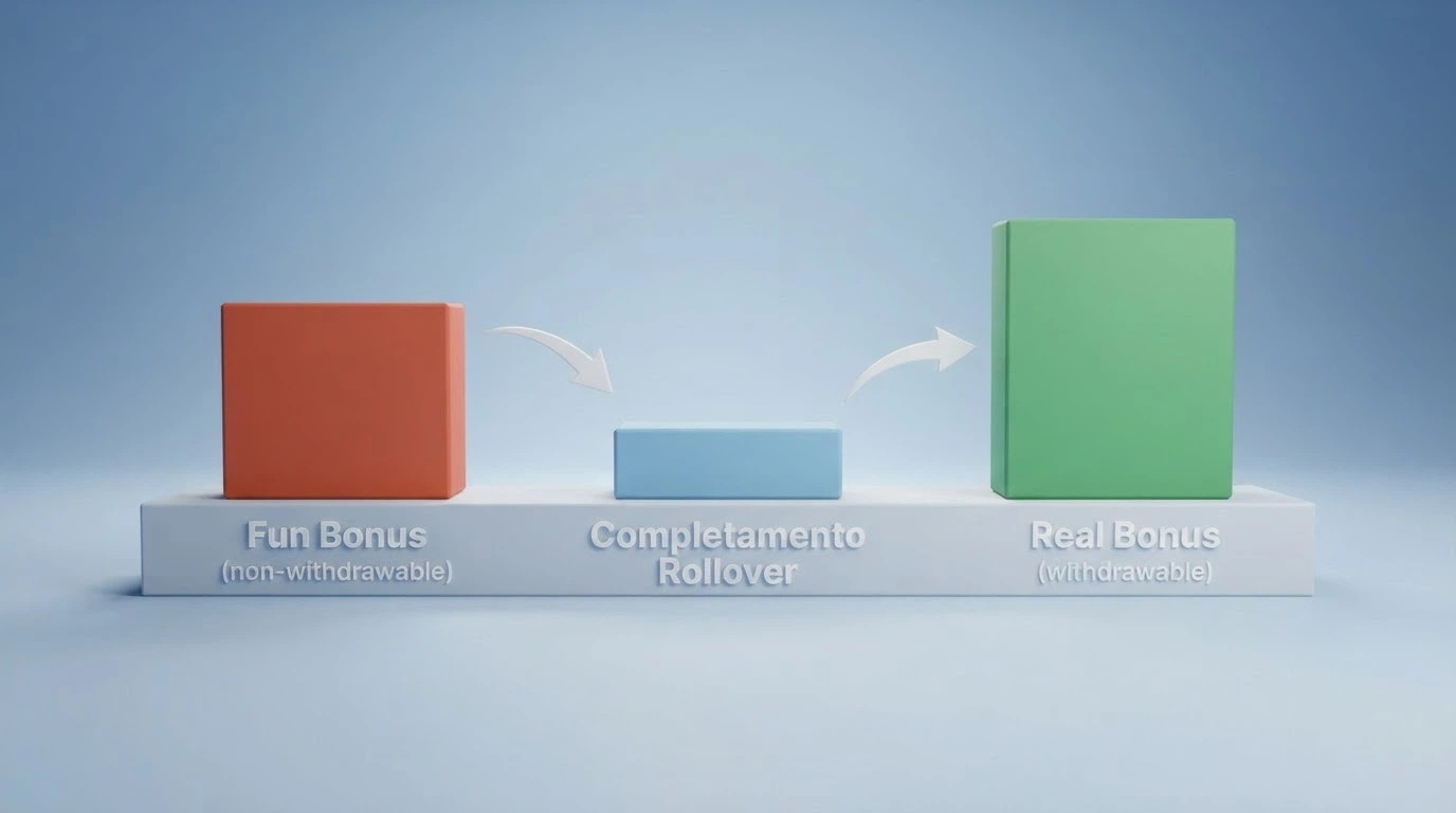 Schema che illustra il percorso del credito bonus: dal Fun Bonus non prelevabile, attraverso il completamento del rollover, fino alla conversione in Real Bonus prelevabile