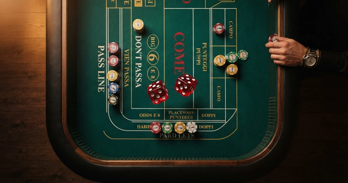 Un tavolo da craps visto dall'alto con fiches colorate disposte sulle aree di puntata e due dadi rossi al centro del layout
