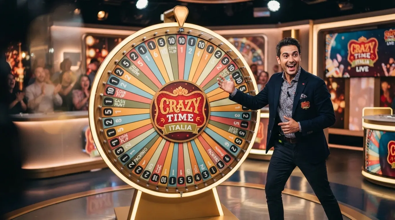 La ruota di Crazy Time Italia con i 54 segmenti colorati, il conduttore italiano in studio e il tabellone dei round bonus laterale