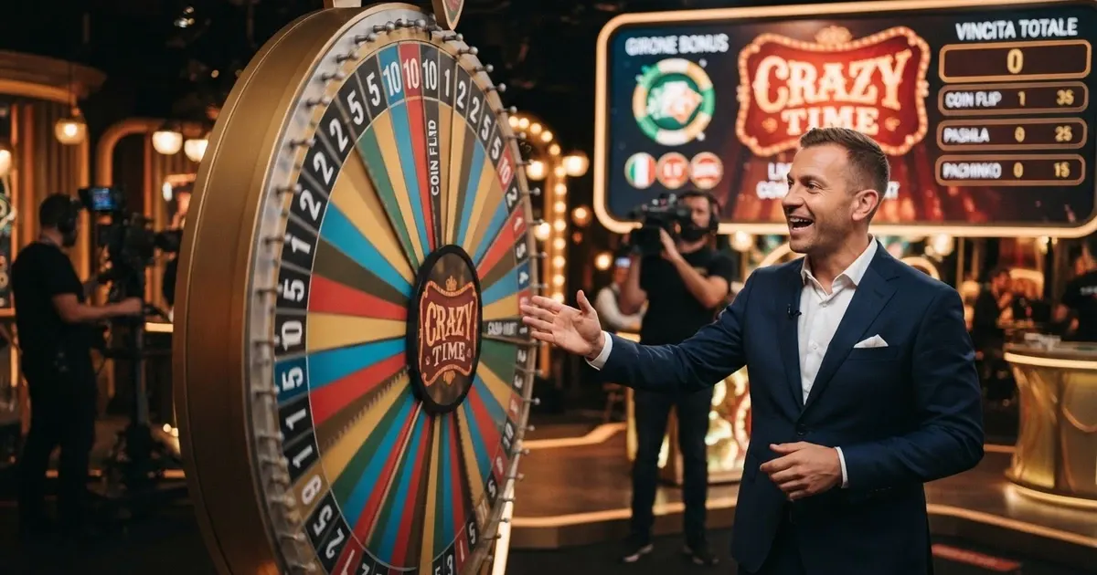 La ruota verticale di Crazy Time con il presentatore dal vivo in studio e i riquadri delle puntate