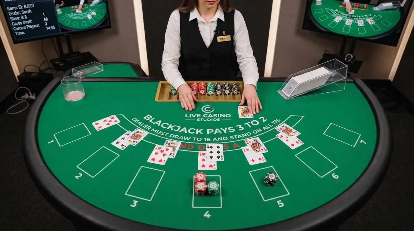 Un tavolo da blackjack live visto dall'alto con croupier, sabot a 8 mazzi, carte sul tavolo verde e monitor che mostrano le statistiche di gioco in tempo reale.