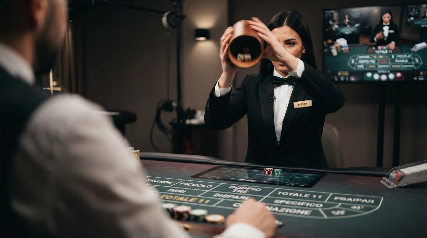 Un croupier in smoking davanti a un tavolo Sic Bo live di Evolution, con il contenitore dei dadi in mano e l'interfaccia delle puntate in sovrimpressione