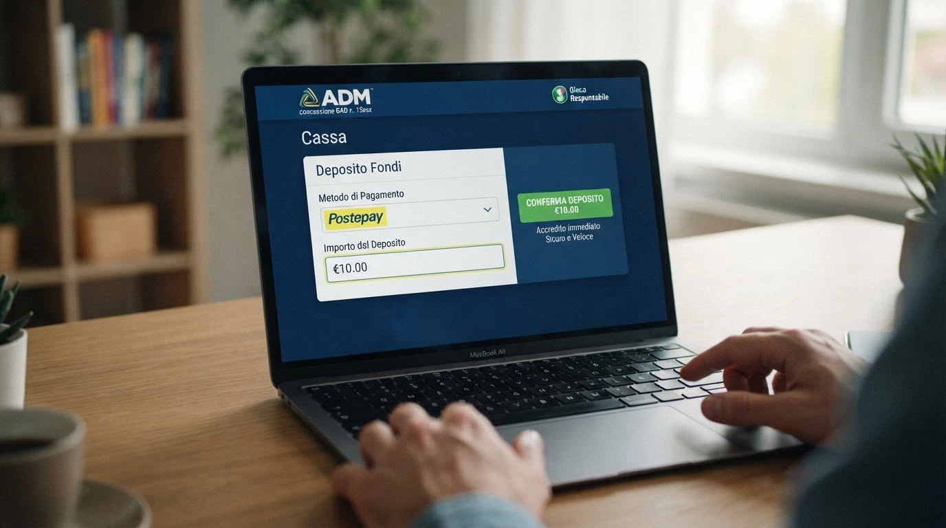 La schermata del cassiere di un casinò online italiano con l'opzione Bancoposta selezionata, l'importo del deposito in evidenza e la dicitura «accredito immediato»