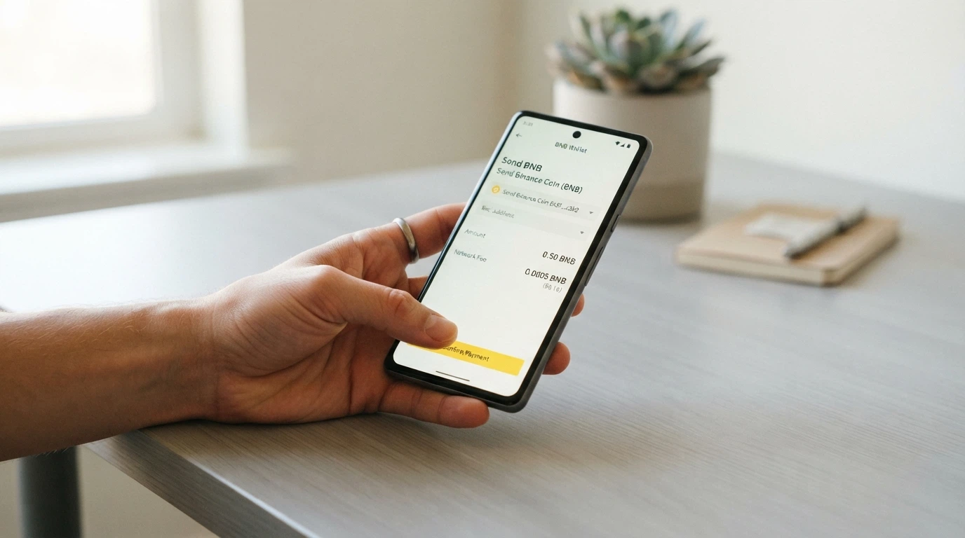 Lo schermo di un wallet crypto con la schermata di invio di BNB verso un indirizzo BEP-20, con l'importo in BNB e il costo del gas visualizzati prima della conferma