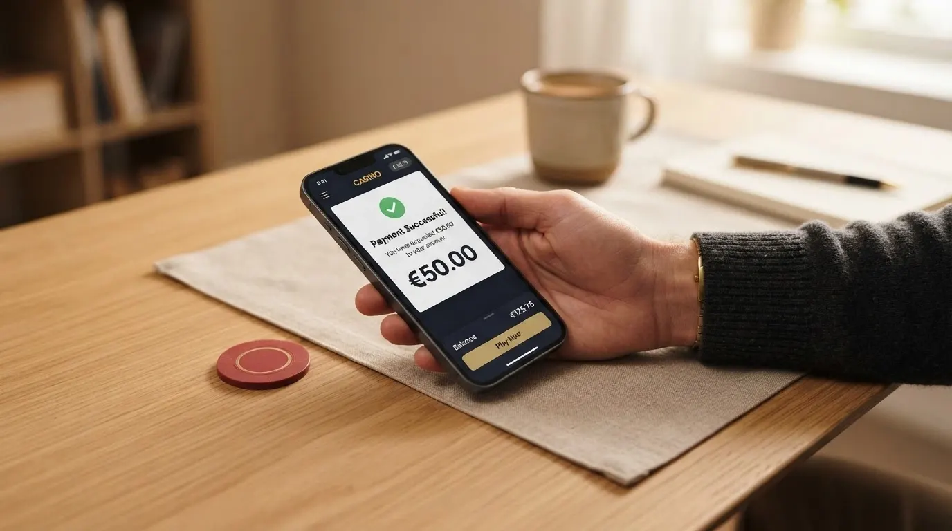 La schermata di conferma di Google Pay su uno smartphone con l'importo del deposito e il logo di un casinò sullo sfondo