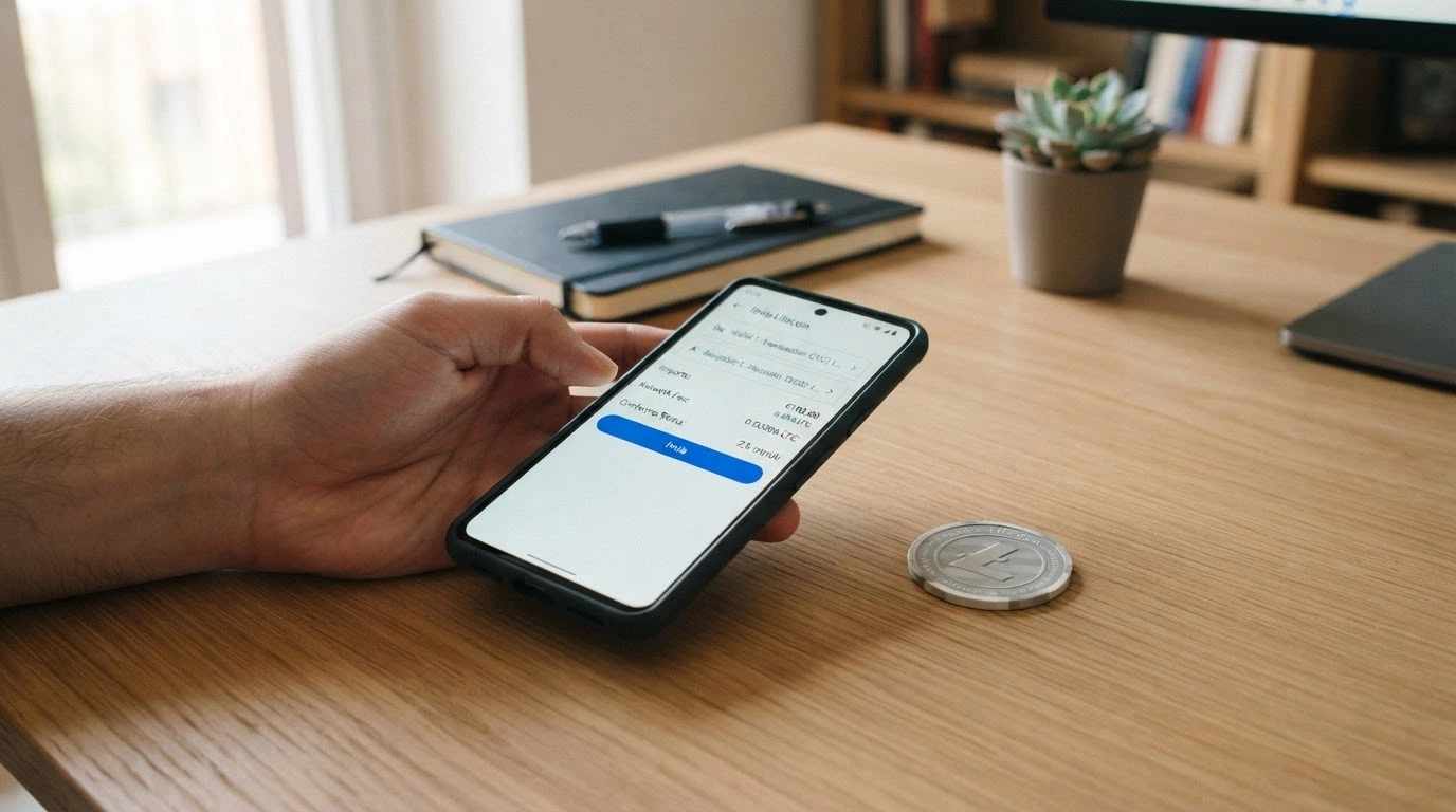 Uno smartphone che mostra la schermata di invio di una transazione Litecoin verso un casinò online, con il dettaglio della commissione di rete e il tempo stimato di conferma