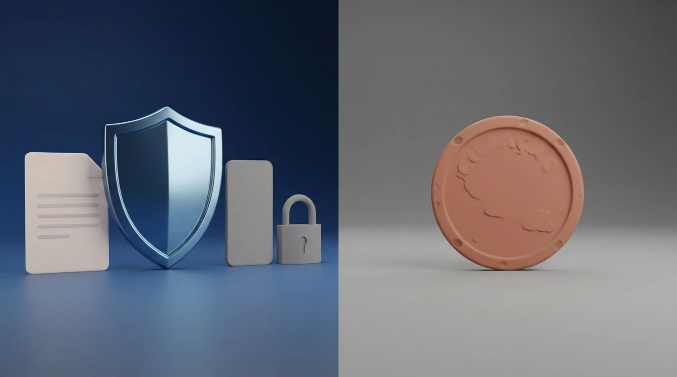 Due colonne a confronto: a sinistra il logo ADM con icone di tutele (scudo, documento, telefono), a destra il logo di una licenza Curaçao con icone vuote o barrate
