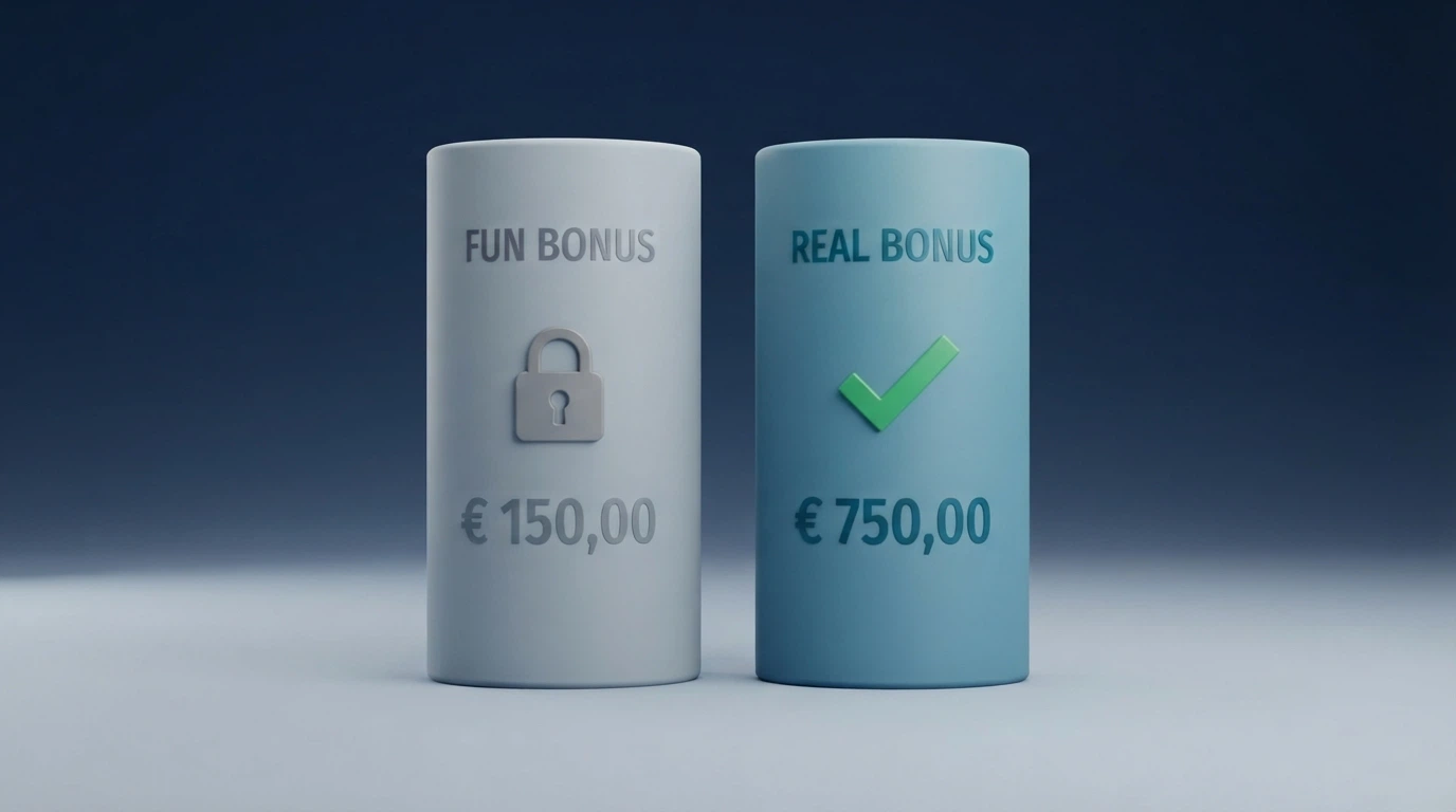 Un'illustrazione a due colonne che mette a confronto il saldo Fun Bonus (a sinistra, con lucchetto) e il saldo Real Bonus (a destra, con segno di spunta verde), con importi in euro