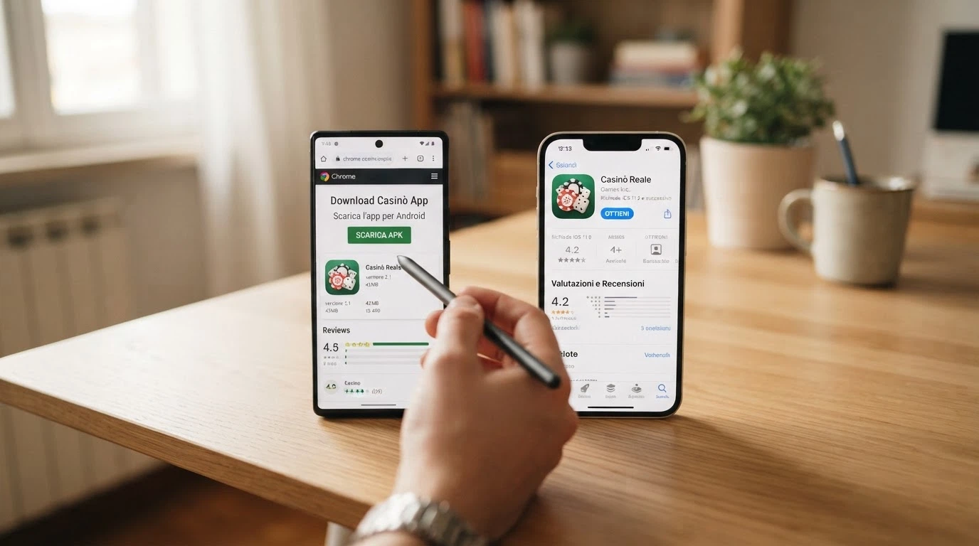 Un telefono Android e un iPhone affiancati, il primo con la schermata di download APK dal sito di un concessionario ADM e il secondo con la pagina dell'App Store dell'operatore