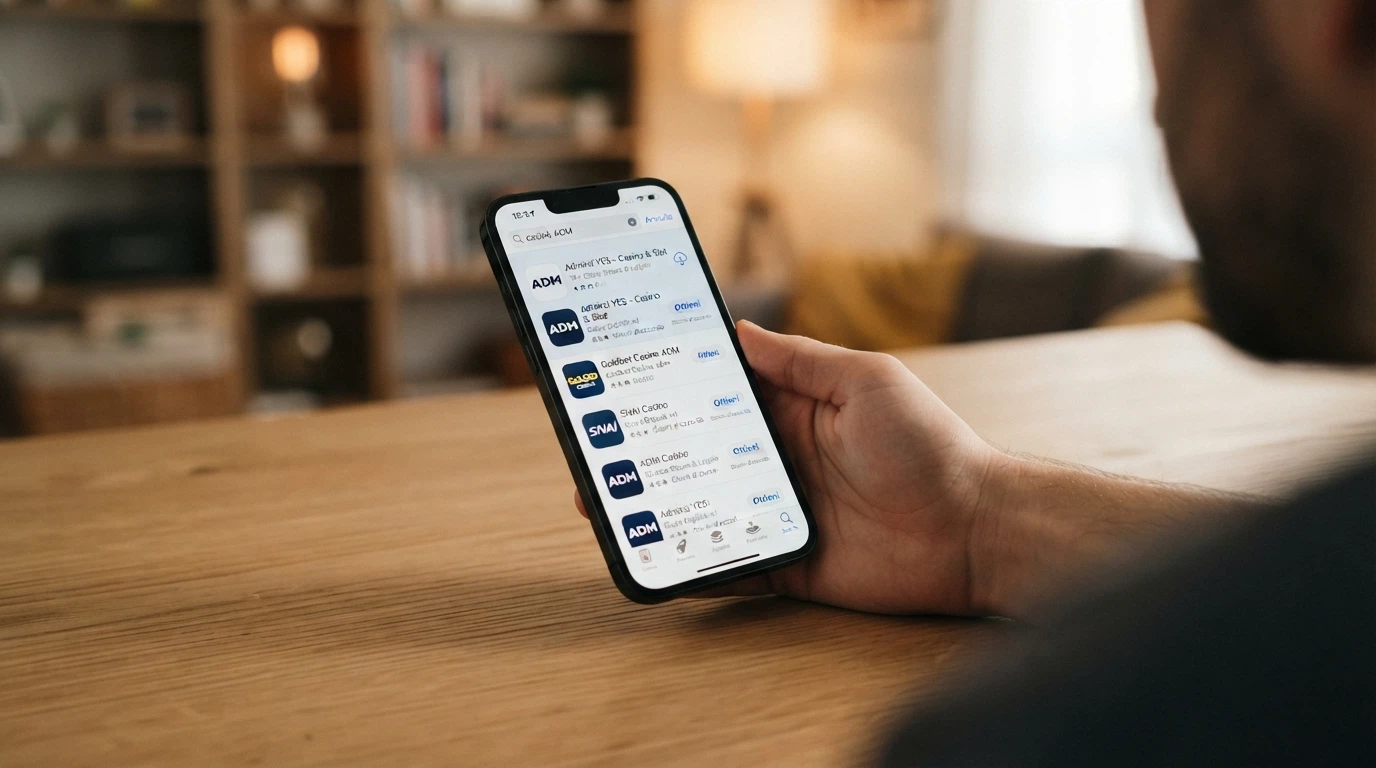 La schermata dell'App Store su iPhone con la pagina di un'app casinò, campo di ricerca con «casinò ADM» digitato, badge della licenza nella descrizione e pulsante Ottieni in evidenza