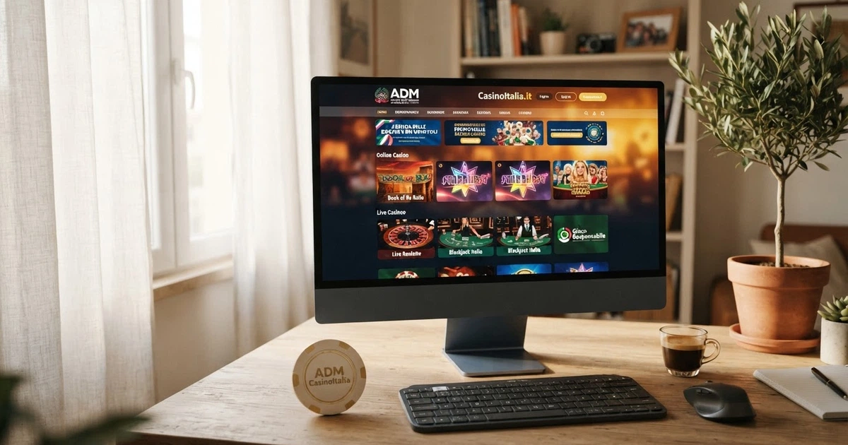 La homepage di un casinò online con licenza ADM visualizzata su desktop, con l'elenco dei giochi in evidenza e il logo del concessionario in alto a sinistra