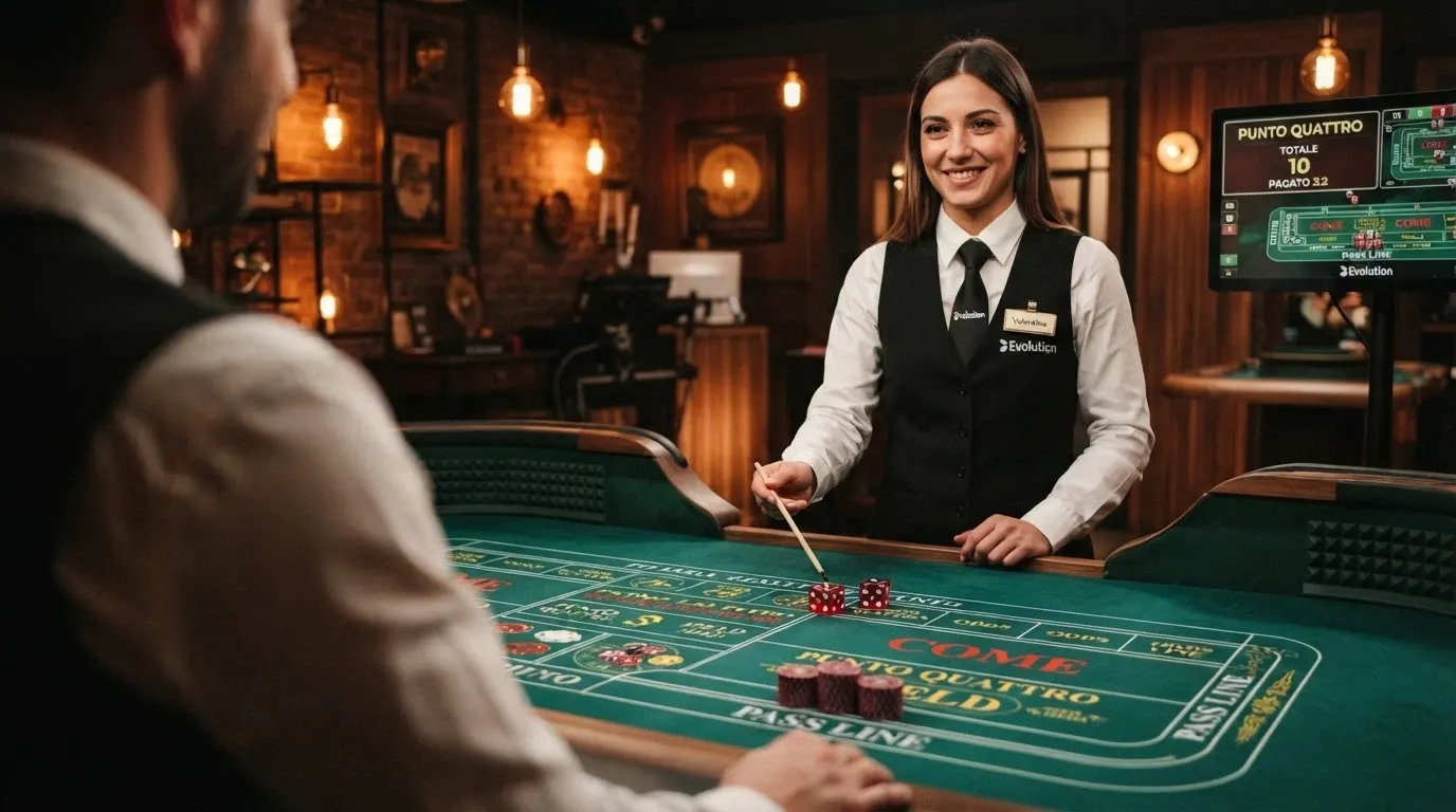 Un croupier in piedi dietro un tavolo da craps in uno studio in stile speakeasy, con luci calde, mattoni a vista e l'interfaccia di puntata digitale sovraimpressa