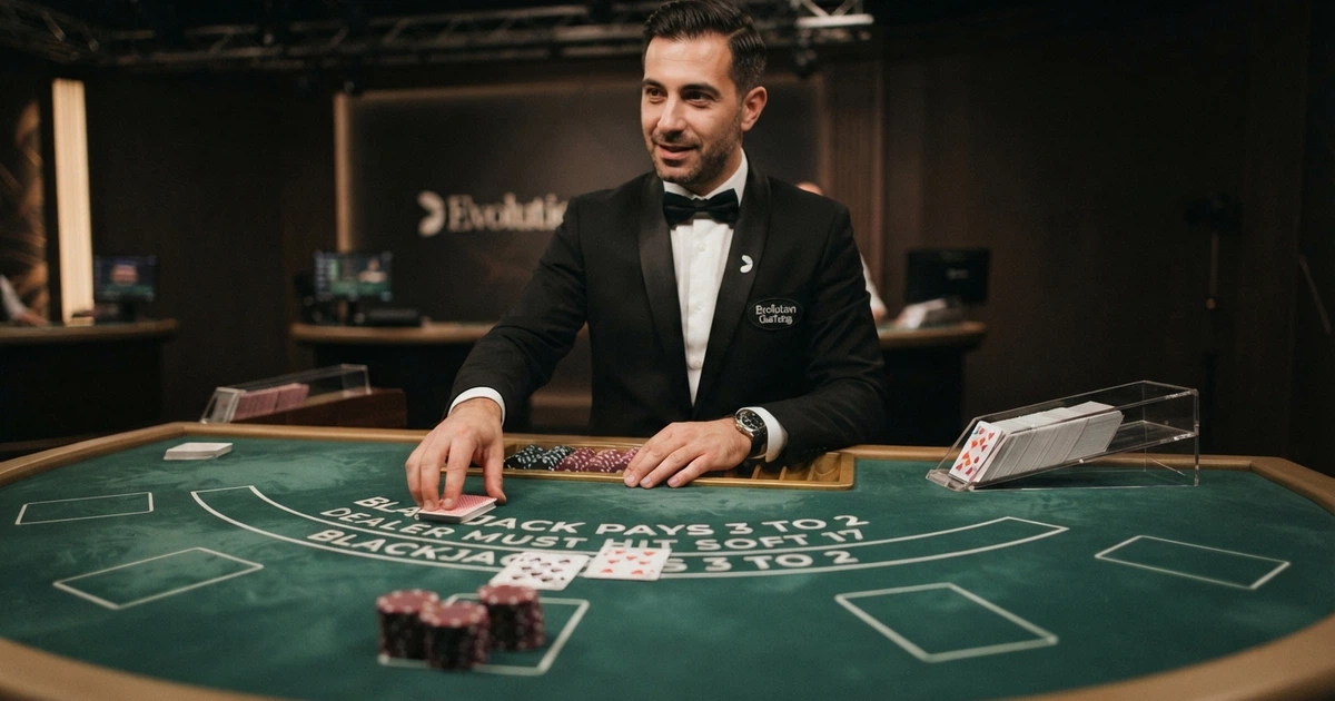 Un tavolo da gioco live di Evolution Gaming con croupier in smoking, ripreso in streaming HD da uno studio professionale con illuminazione cinematografica